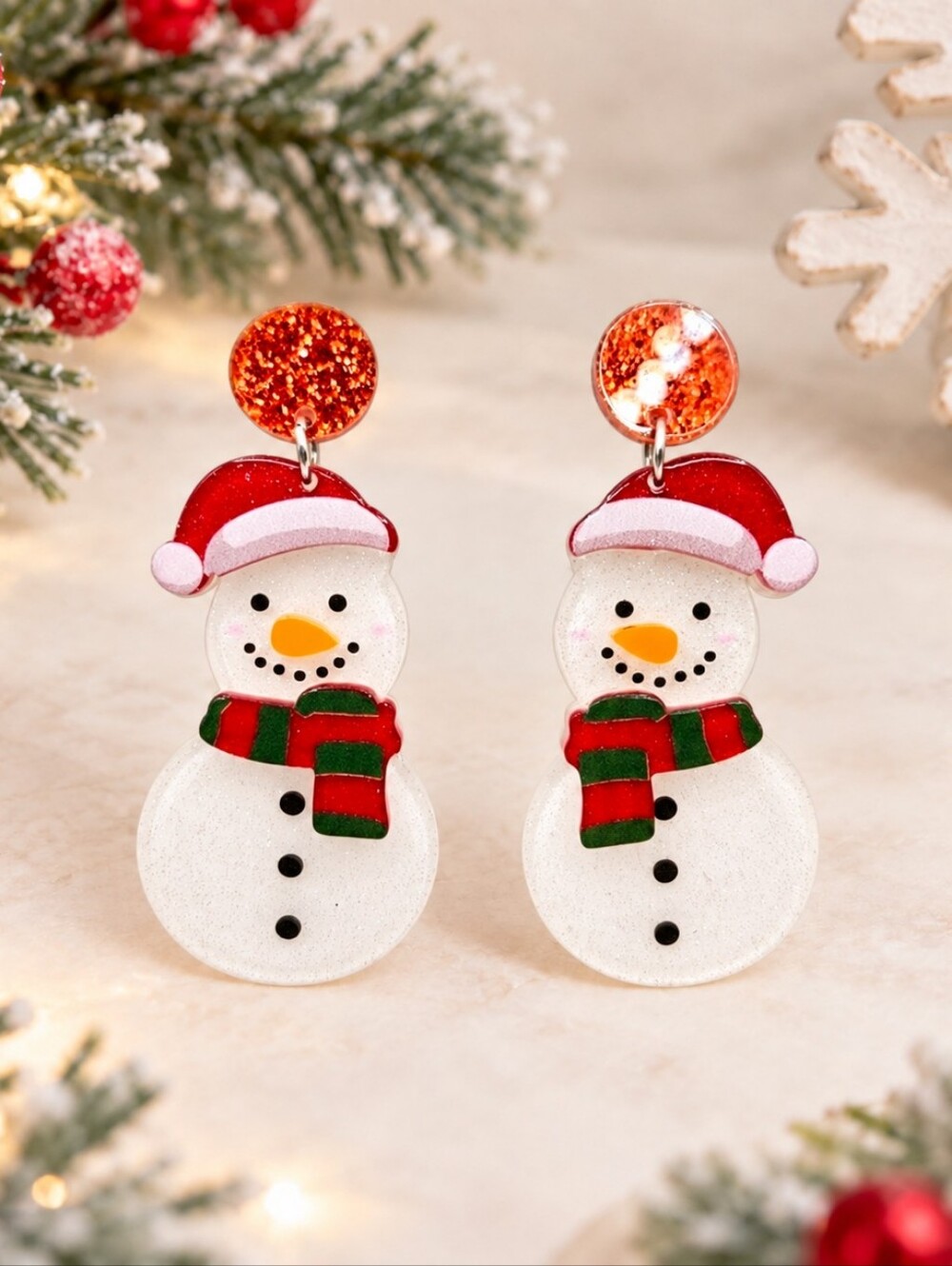 Snowman Santa Hat Dangle Earrings Red Glitter Studs Christmas Winter Acrylic New